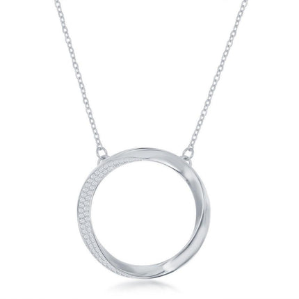 Sterling Silver Half Micro-Pave Twisted Open Circle Necklace ,