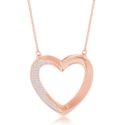 Sterling Silver Half Micro Pave Twisted Open Heart Necklace ,