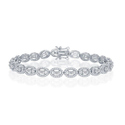 Sterling Silver Halo CZ Oval Linked Bracelet, 7.5" ,