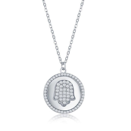 Sterling Silver Hamsa Micro Pave CZ Disc Necklace ,