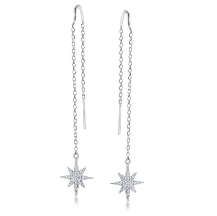 Sterling Silver Hanging Bar Threader CZ Earrings ,