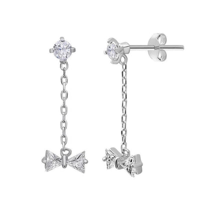 Sterling Silver Hanging Chain Small CZ Bow Earrings ,
