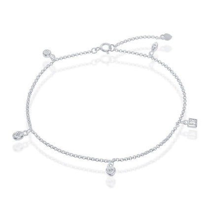 Sterling Silver Hanging Charms CZ Anklet ,