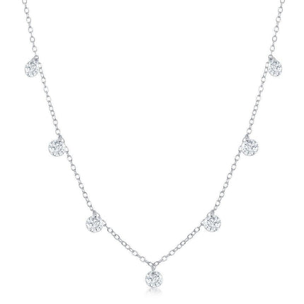 Sterling Silver Hanging Cubic Zirconia's Oval Chain Necklace ,