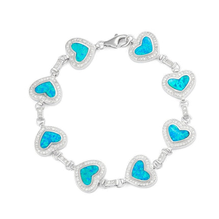 Sterling Silver Heart Blue Opal with Micro Pave CZ Bracelet ,