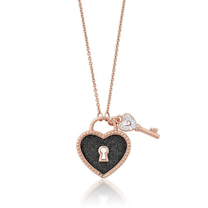 Sterling Silver Heart Lock and Crystal Key Necklace ,