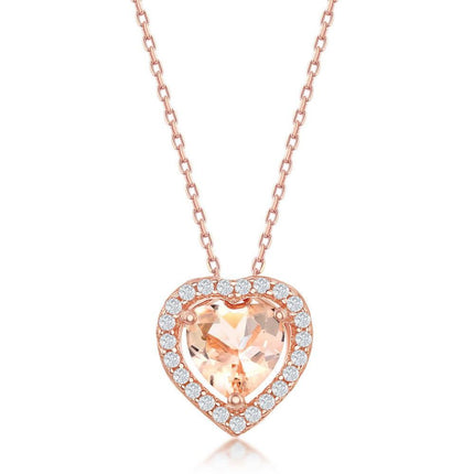Sterling Silver Heart Morganite CZ Border Pendant ,