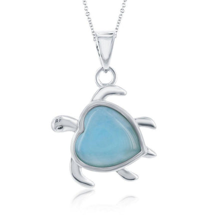 Sterling Silver Heart-Shaped Larimar Turtle Pendant ,