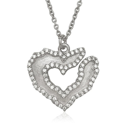 Sterling Silver Heart with CZ Border Necklace ,