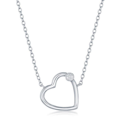 Sterling Silver Heart with Single Cubic Zirconia Necklace ,