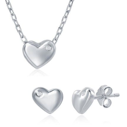 Sterling Silver Heart with Single CZ Necklace and Earrings Set ,