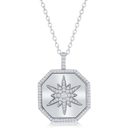 Sterling Silver Hexagon with Center Starburst CZ Necklace ,