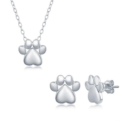 Sterling Silver High Polish Paw Print Necklace and Earrings Set ,