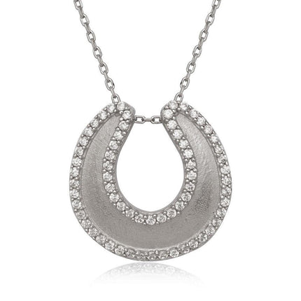 Sterling Silver Horseshoe with CZ Border Necklace ,