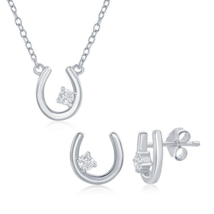 Sterling Silver Horseshoe with Single CZ Necklace & Earrings Set ,