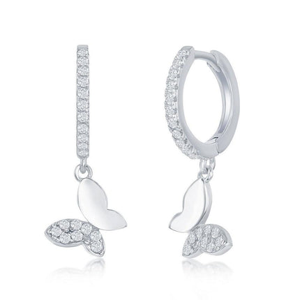 Sterling Silver Huggie Hoop CZ Butterfly Earrings ,