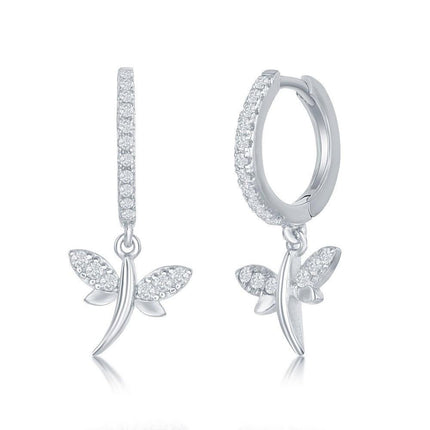 Sterling Silver Huggie Hoop CZ Dragonfly Earrings ,