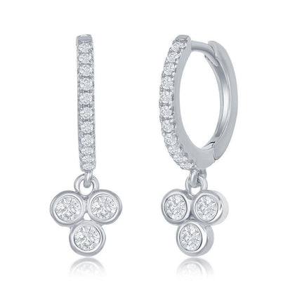 Sterling Silver Huggie Hoop Triple Cluster Earrings ,