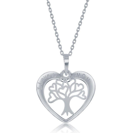 Sterling Silver I Love u Mom Heart With Tree of Life Charm Necklace ,