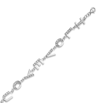Sterling Silver "I LOVE YOU" CZ Link Bracelet, 7" ,