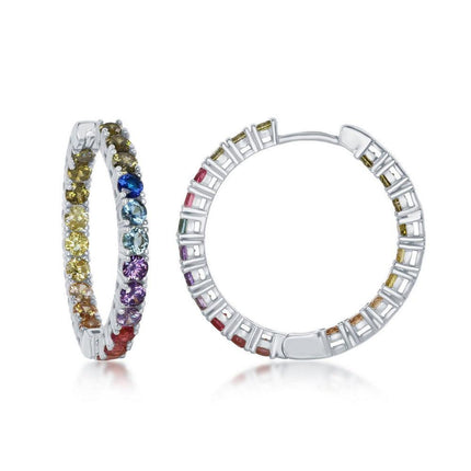 Sterling Silver In-and-Out Rainbow CZ Hoop Earrings ,