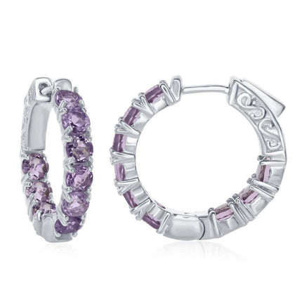 Sterling Silver Inside-Outside Amethyst Gemstone Hoop Earrings ,