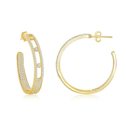 Sterling Silver Inside-Outside Pave and Bezel-Set Open Hoop Earrings - Gold Plated ,
