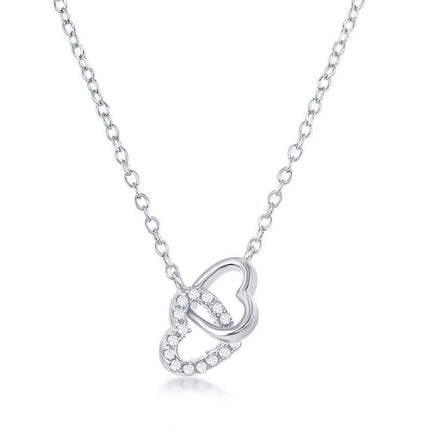 Sterling Silver Interlocking CZ and Plain Heart Necklace ,