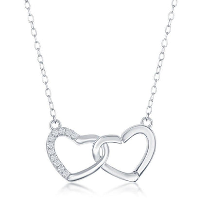 Sterling Silver Interlocking Half Cubic Zirconia Heart Necklace ,