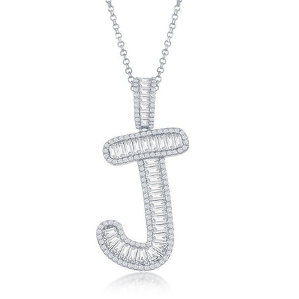 Sterling Silver J Initial Baguette CZ Pendant Chain ,