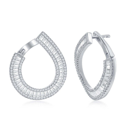 Sterling Silver J Shape Baguette CZ Border Earrings ,
