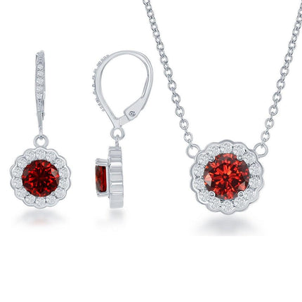 Sterling Silver January Birthstone With CZ Border Round Earrings and Necklace Set ,