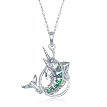 Sterling Silver Jumping Blue Marlin Fish Pendant - Abalone ,