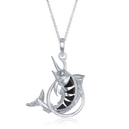 Sterling Silver Jumping Blue Marlin Fish Pendant - Onyx ,