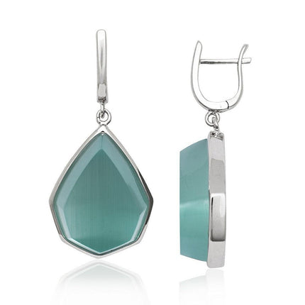 Sterling Silver King Green Cat's Eye Teardrop Earrings ,
