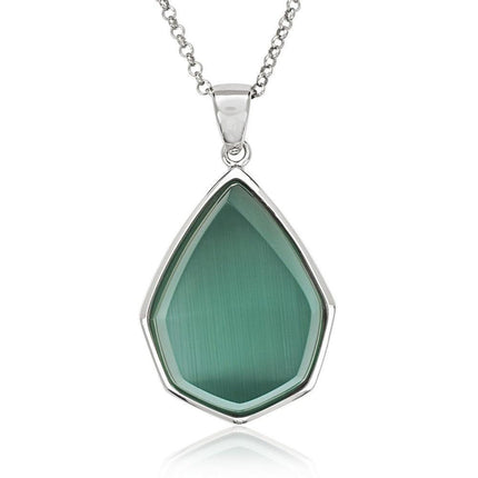 Sterling Silver King Green Cat's Eye Teardrop Necklace ,