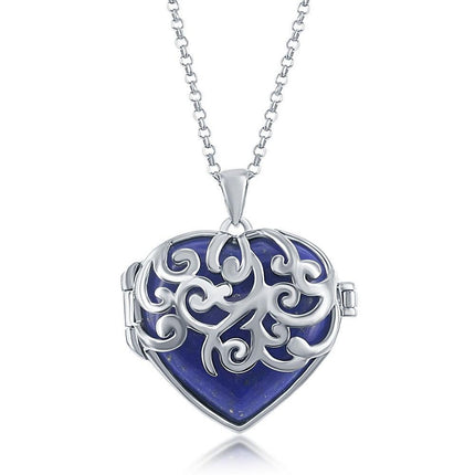 Sterling Silver Lapis Designed Heart Locket ,