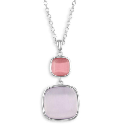 Sterling Silver Large & Small Square Cat's Eye Pendant Necklace ,