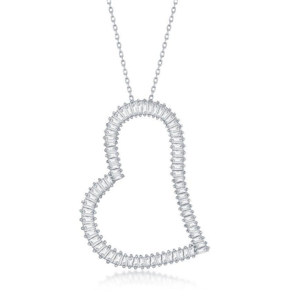 Sterling Silver Large Baguette CZ Heart Necklace ,