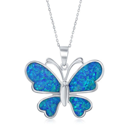 Sterling Silver Large Blue Inlay Opal Butterfly Pendant ,