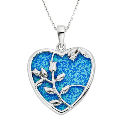 Sterling Silver Large Blue Inlay Opal Heart with Rose Pendant ,