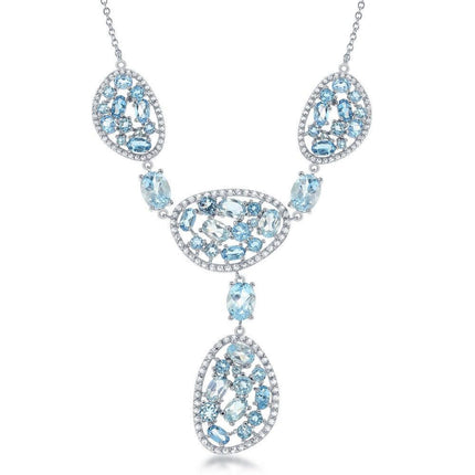 Sterling Silver Large Blue Topaz Y Design CZ Necklace ,