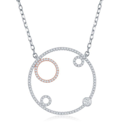 Sterling Silver Large Circle with Smaller Circles CZ Necklace ,