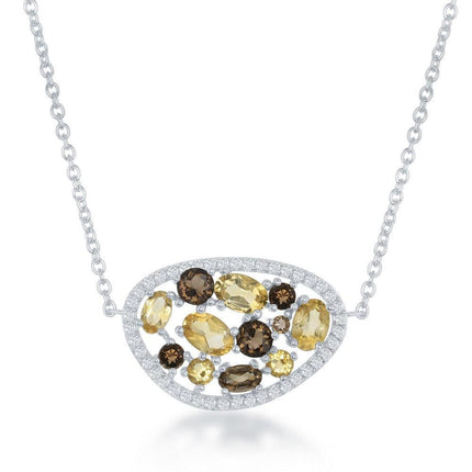 Sterling Silver Large Citrine and Smokey Topaz Necklace ,