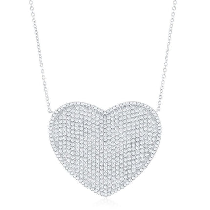 Sterling Silver Large Micro Pave Heart CZ Necklace ,