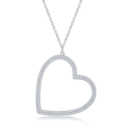 Sterling Silver Large Micro Pave Open Heart Necklace ,