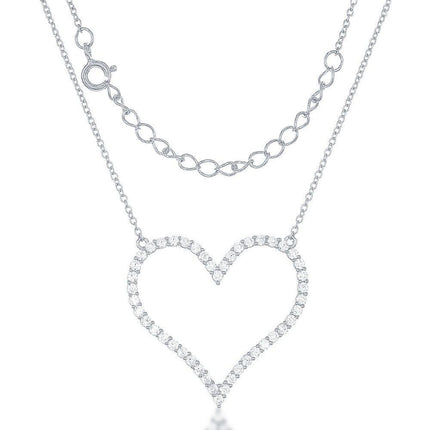 Sterling Silver Large Open CZ Heart Necklace ,