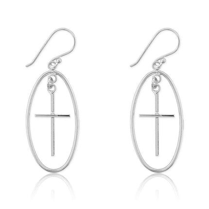 Sterling Silver Large Open Oval with Cross Earrings ,