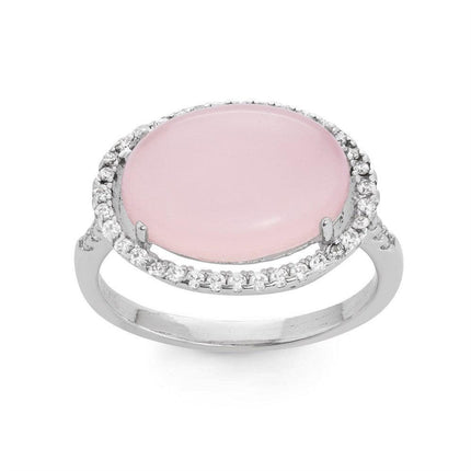 Sterling Silver Large Rose Quartz Oval with CZ Ring, Size 8 ,