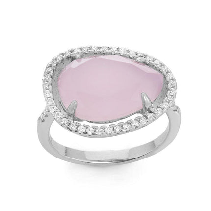 Sterling Silver Large Rose Quartz Teardrop with CZ Ring, Size 8 ,